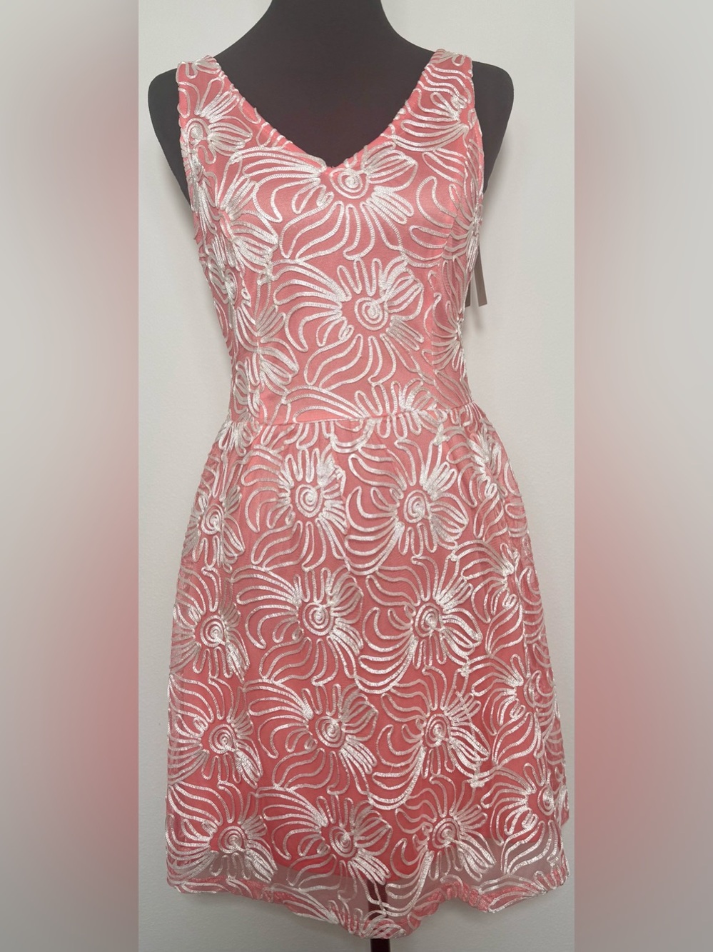 NWT francesca's Coral Pink and Floral White Embroidered Lace A-line Mini Dress S